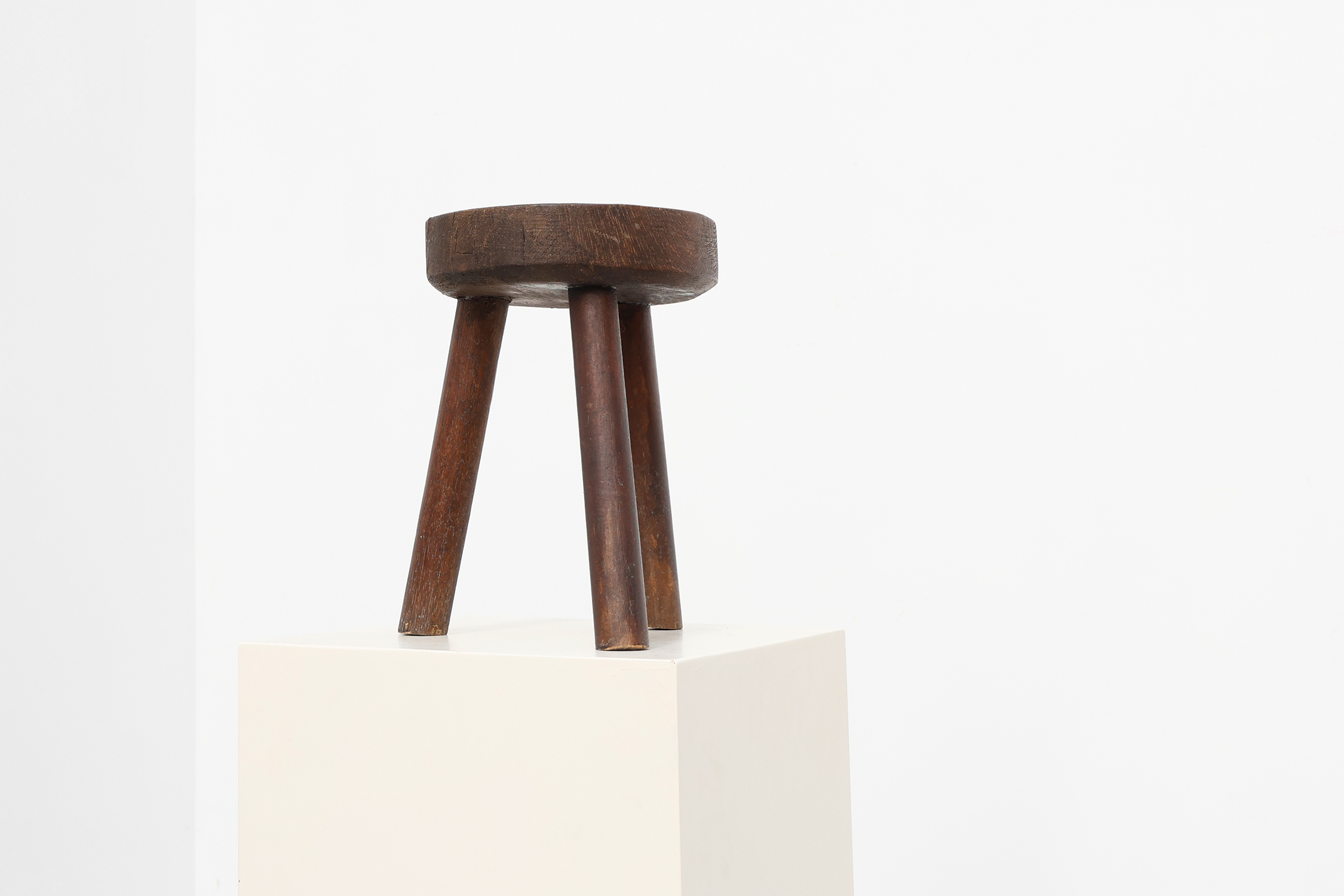 Rustic oak wooden tripod stool, France, ca. 1900thumbnail